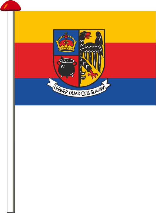 Regionalflagge Nordfriesland mit Wappen und Amrumer/Föhrer Spruch