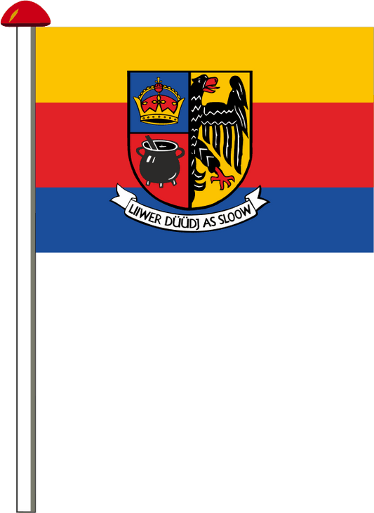 Regionalflagge Nordfriesland mit Wappen und Festland Spruch
